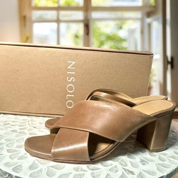 NISOLO Carina Leather Cross Strap Heeled Slip On Sandal Mule Womens 7.5 - Picture 3 of 16